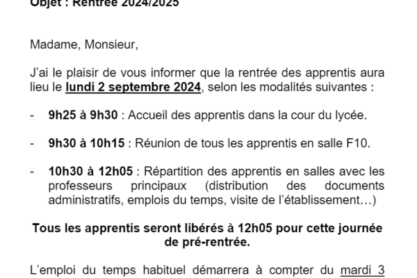 courrier de rentrée des apprentis