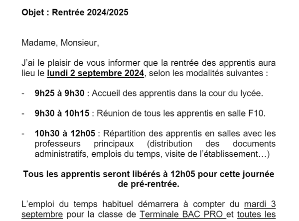 courrier de rentrée des apprentis